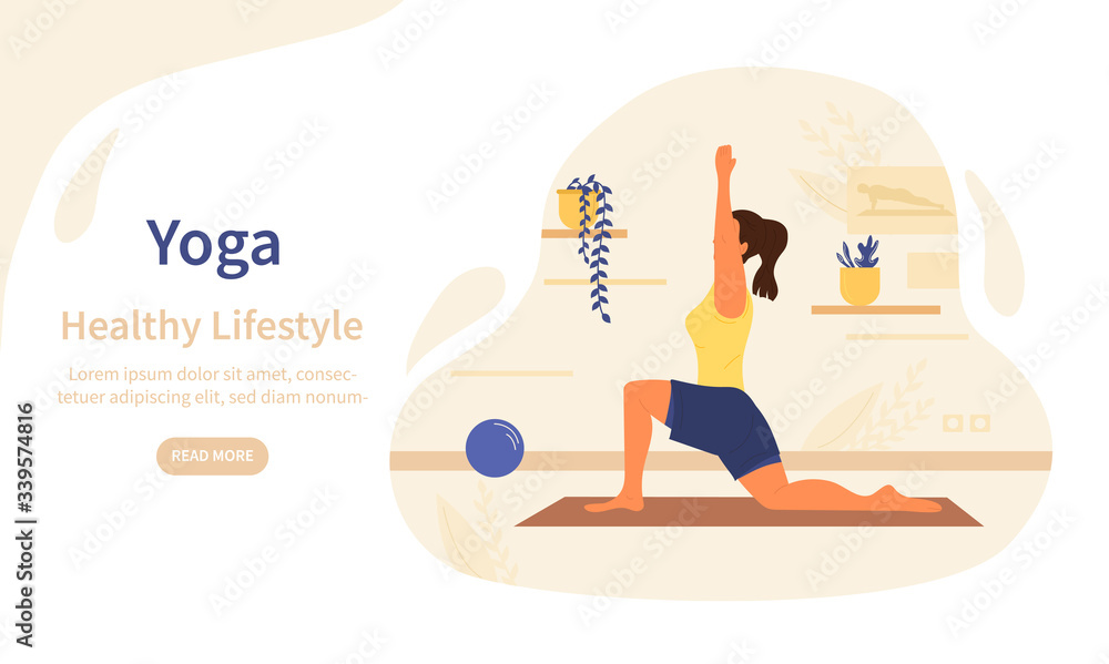Woman practicing yoga indoors at home on a mat doing stretch exercises in a healthy active lifestyle concept, vector illustration