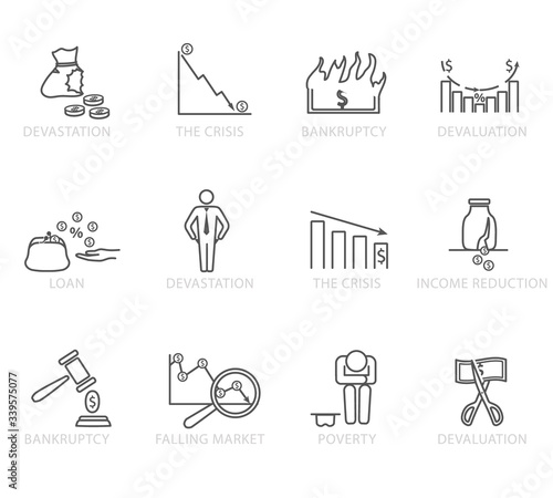 Set of black and white bankruptcy and financial crises icons. Vector illustration