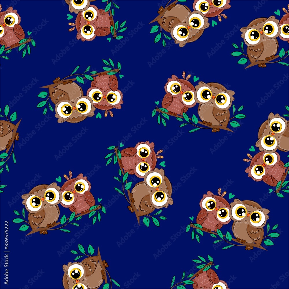 Obraz premium Cute owl and leaves seamless pattern background. Beautiful childish print design element.
