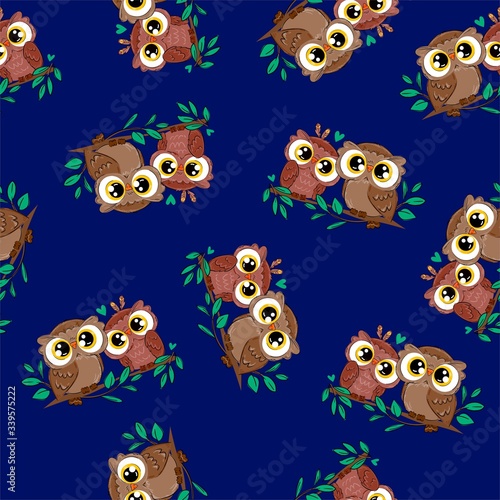 Cute owl and leaves seamless pattern background. Beautiful childish print design element.