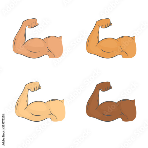 Set of flexed biceps colored icons. A symbol of strrength and masculinity. Bodybuilding and workout concept. Isolated vector illustration.