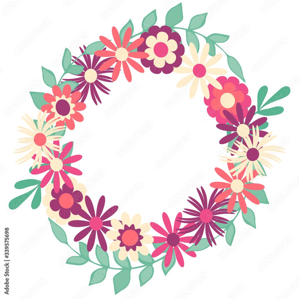 Cute floral wreath, raster version. Wreath with flowers in pastel colors