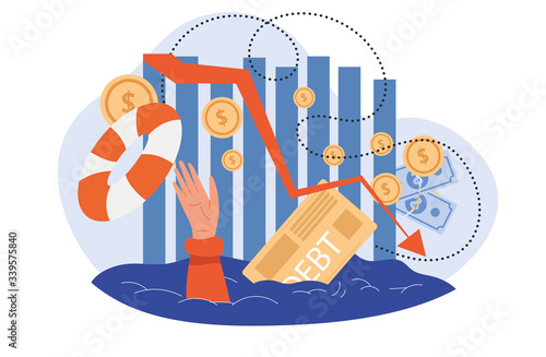 Throwing a lifebuoy to person drowning in debt in a concept of financial hardship caused by the global shutdowns for the Covid-19 pandemic, vector illustration