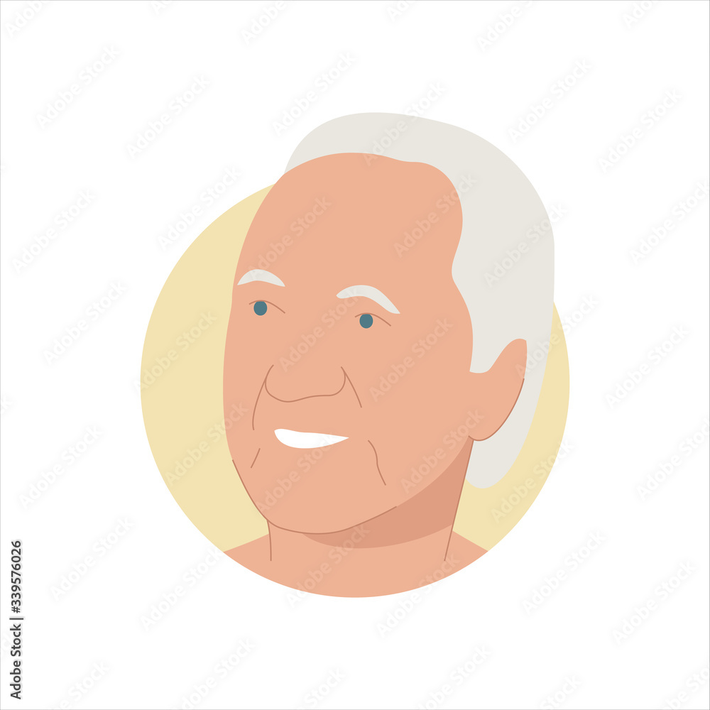 Vector illustration of a portrait of a happy smiling gray-haired elderly man. It represents a concept of wisdom, joy and happiness. Also can be used as an avatar, icon or badge