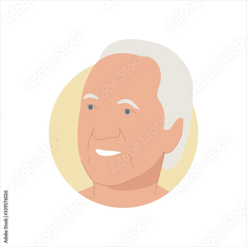 Vector illustration of a portrait of a happy smiling gray-haired elderly man. It represents a concept of wisdom, joy and happiness. Also can be used as an avatar, icon or badge