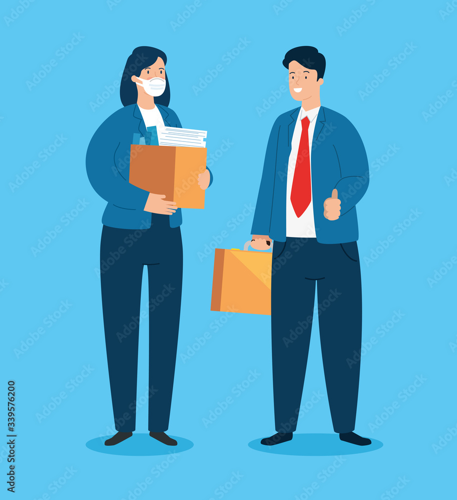 business couple unemployed with box carton vector illustration design business couple unemployed with box carton vector illustration design