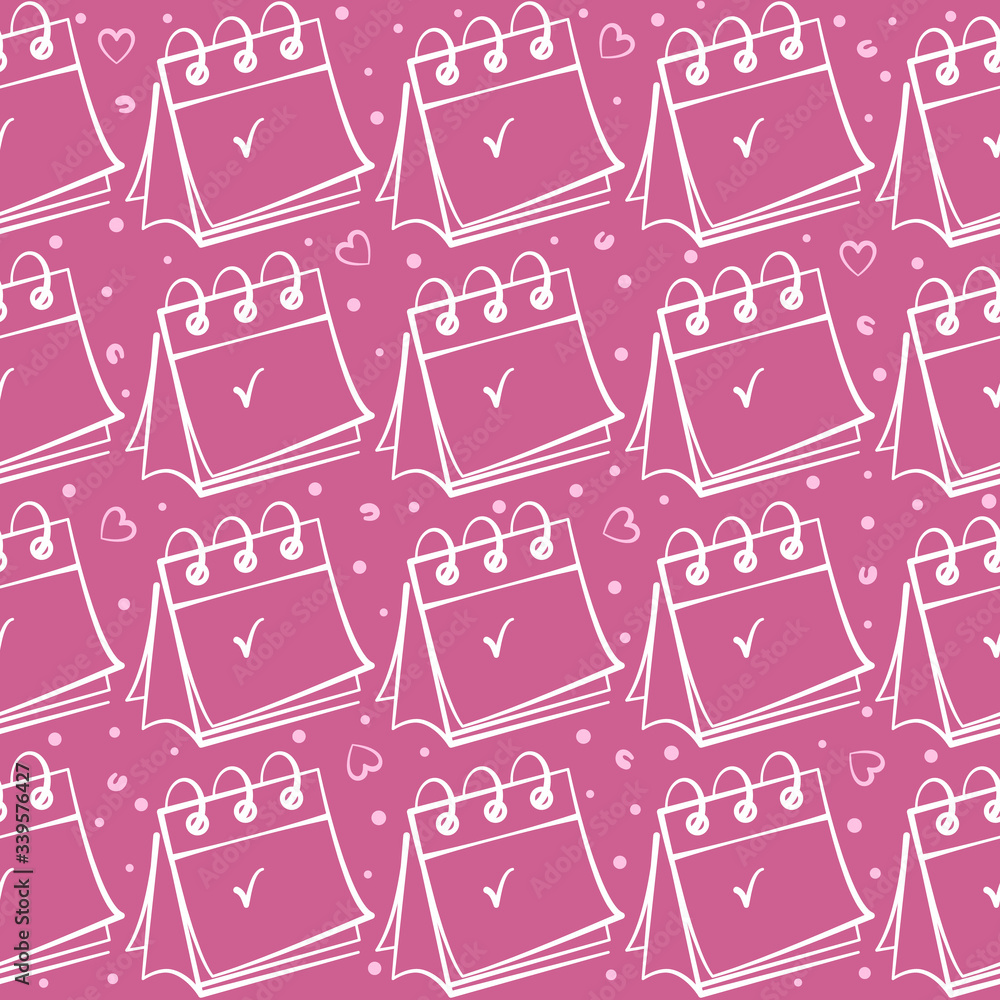 Desktop calendar vector seamless pattern on pink background. Pink and white background hand-drawn. Design for textile, wrapping, print.
