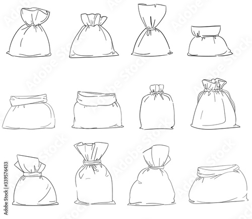 Set canvas bag vector. Burlap sack isolated white background. Illustration