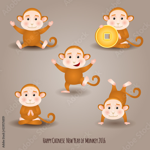 Fototapeta Naklejka Na Ścianę i Meble -  Oriental Happy Chinese New Year 2016 Year of Monkey set of jumping, happy, sitting cartoon monkey Vector Design