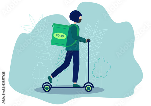 Contactless home delivery. Security, gloves, stay at home.  location, worldwide delivery, hand-to-hand delivery courier in a hard hat on a scooter with a bag