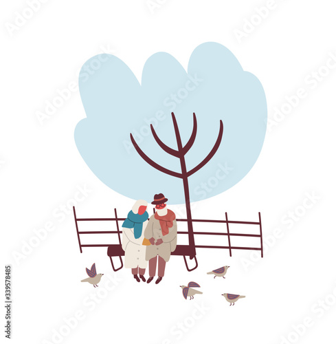 Cartoon mature couple sitting on bench at winter park vector flat illustration