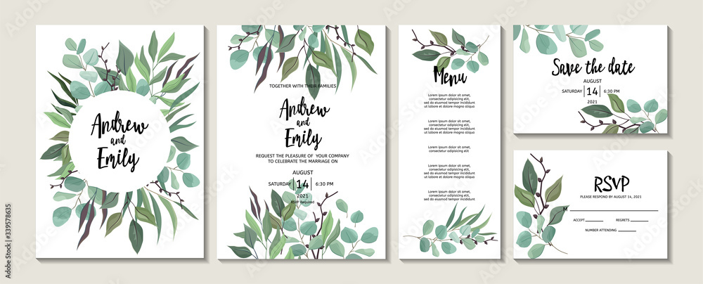 Set of wedding floral invitation, menu, Save the Date, RSVP card template. Green leaves and eucalyptus branches wreath and frame