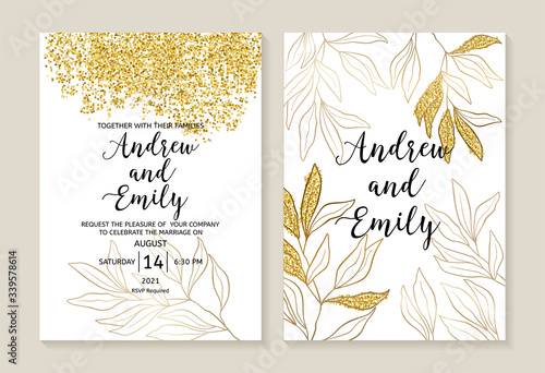 Wedding invitation card with gold glitter and  leaves. Menu card, Save the Da...