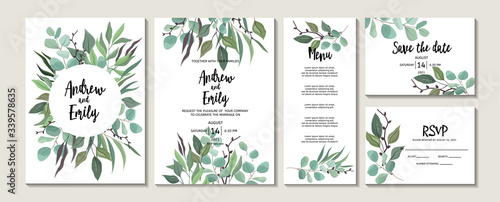 Set of wedding floral invitation, menu, Save the Date, RSVP card template. Gr...