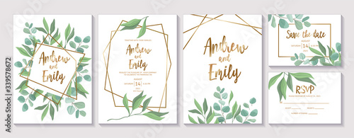 Set of wedding floral invitation, Save the Date, RSVP card template. Green le...