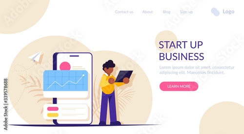 Concept of data analysis at the launch of a new startup. People with a laptop in the background of a mobile phone. Modern flat vector illustration.