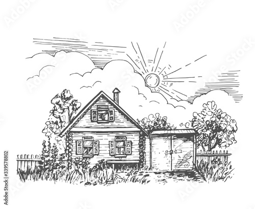Vector black and white image of a rustic log cabin with a garden and a gate under the sun and clouds.
