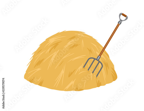 Haystack and pitchfork isolated on white background. Vector stock illustration in cartoon simple flat style.