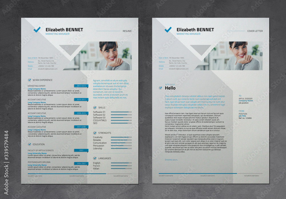 Resume and Cover Letter Layout with Blue Accents Stock Template | Adobe ...