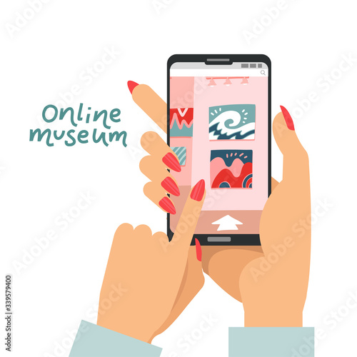 Online museum concept as female hands holding smartphone and visiting interactive art museum exposition in app on device, art gallery guide, digital exhibition, multimedia service for staying at home