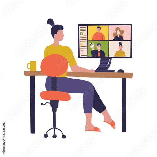 Female Worker using computer for collective virtual meeting, group video conference. Woman at desktop chatting online. Vector illustration for videoconference, remote work. Flat vector design