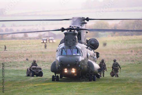 RAF Chinook helicopter on a training mission during Exercise Wessex Storm on Salisbury Plain Training Area, Wiltshire, UK
