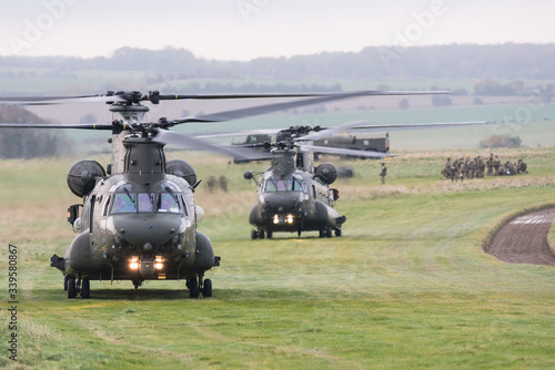RAF Chinook helicopter on a training mission during Exercise Wessex Storm on Salisbury Plain Training Area, Wiltshire, UK
