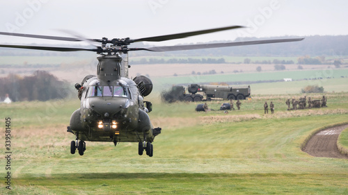 RAF Chinook helicopter on a training mission during Exercise Wessex Storm on Salisbury Plain Training Area, Wiltshire, UK