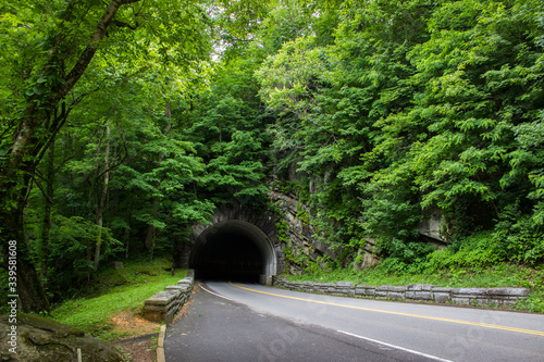 car tunnel through mountain in smokey mountains
