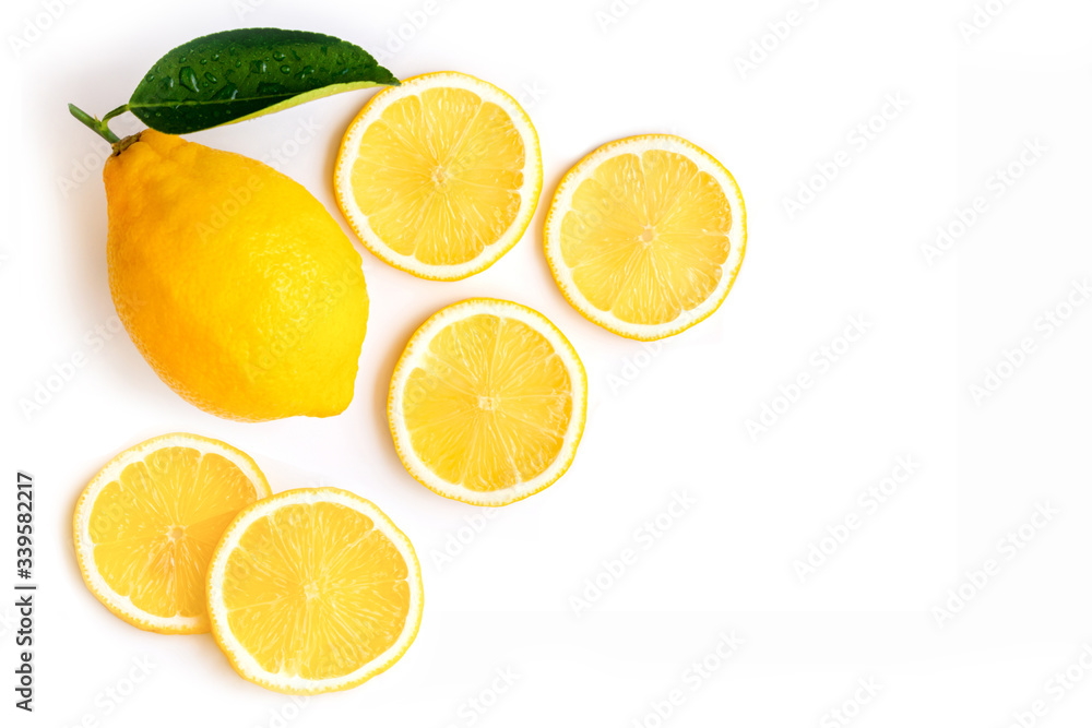 lemon lime fruit with slice isolated on white background. Top view. Flat lay. lemon lime fruit with slice isolated on white background. Top view. Flat lay.