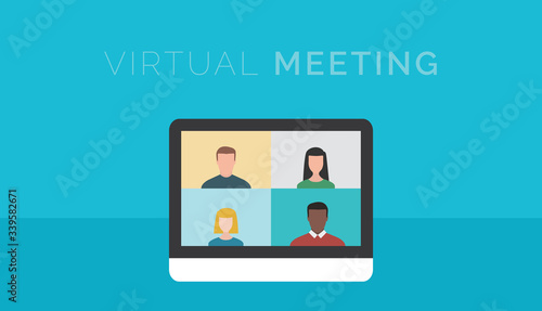 Virtual meeting concept. Computer screen with people in videoconference