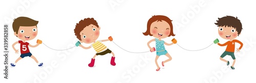 Kids talking with cup telephone, transforming sound waves to rope vibration, social distance, vector, illustration