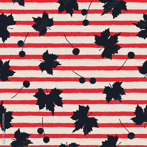 Plane trees leave and fruits dark blue silhouettes on a red stripes background. Seamless vector pattern.
