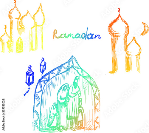 Set Ramadan sketch  color elements . ramadan kareem design vector template.sketch element for celebration card design. Arabian family.Vector