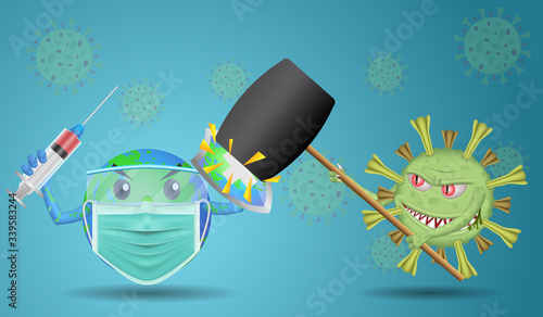World or earth in protective mask and glasses holding shield and Vaccine syringe, fighting covid-19 cell is holding hammer, Coronavirus, 2019-nCoV, covid-19, Concept of fight against virus.