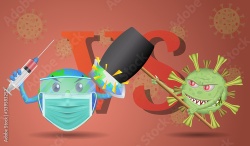 World or earth in protective mask and glasses holding shield and Vaccine syringe, fighting covid-19 cell is holding hammer, Coronavirus, 2019-nCoV, covid-19, Concept of fight against virus.