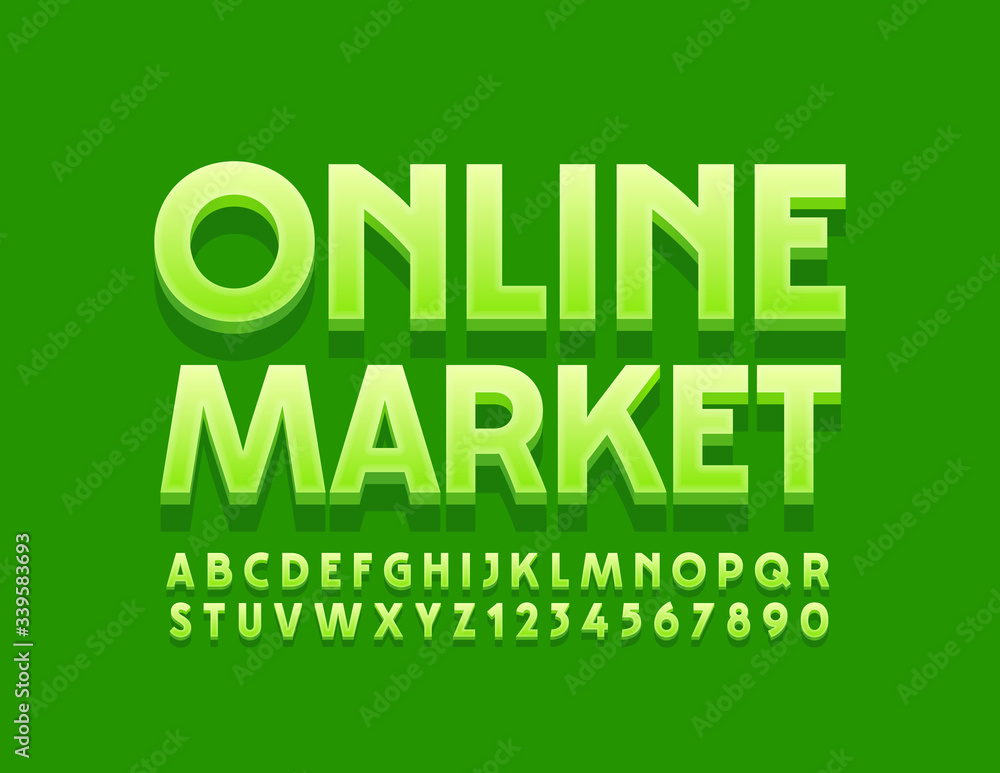 Vector green emblem Online Market with Modern Alphabet Letters and Numbers. Glossy trendy Font Vector green emblem Online Market with Modern Alphabet Letters and Numbers. Glossy trendy Font