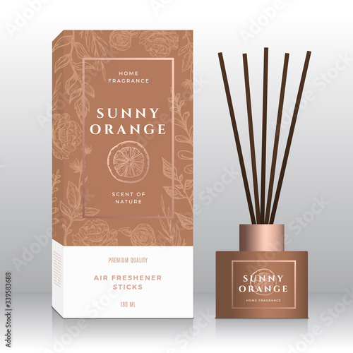 Orange Home Fragrance Sticks Abstract Vector Label Box Template. Hand Drawn Sketch Flowers, Leaves Background. Retro Typography. Room Perfume Packaging Design Layout. Realistic Mockup.