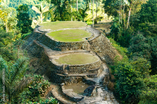 Main terraces of lost city with mountains in its background (indigenous name Teyuna), Sierra Nevada de Santa Marta, Magdalena, Colombia.