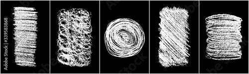 Set of scribble hand drawn in chalk on black background. Shabby white texture. Monochrome stain element. Rusted effect. Digitally generated image. Vector illustration, Eps 10.