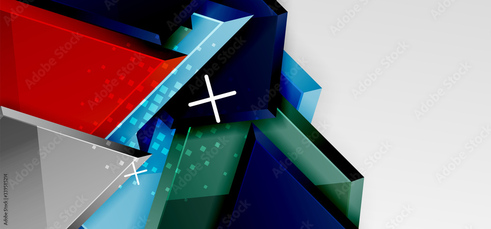 Metal glossy shiny geometric shapes with 3d effect composition. Techno futuristic vector abstract background For Wallpaper, Banner, Background, Card, Book Illustration, landing page