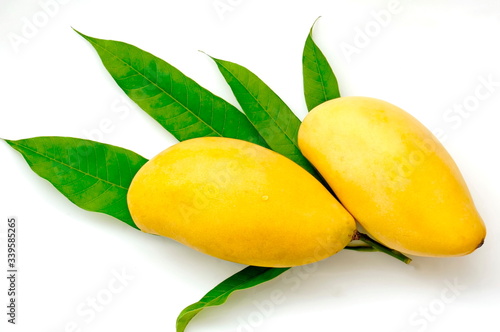 Yellow mango and green leaves on a white background.