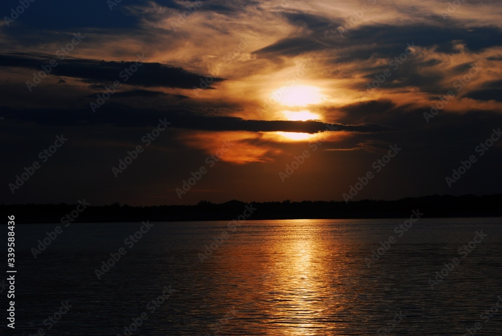 Sunset over the Volga river, color photo