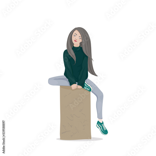 A young woman with long hair in a dark green sweater and sports shoes sitting on a spur stone. A student girl. Vector illustration.