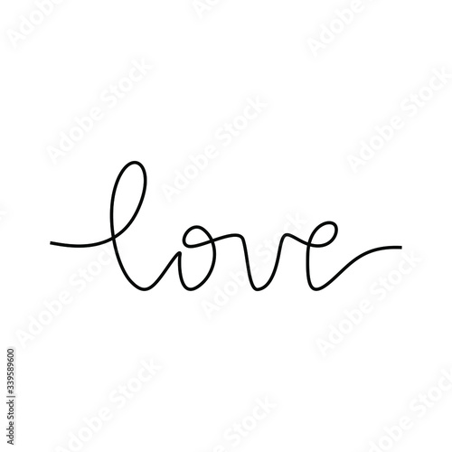 Love lettering calligraphy text, continuous line drawing, handwritten lettering, decorations for greeting card, posters, print, single line on a white background, isolated vector line art.