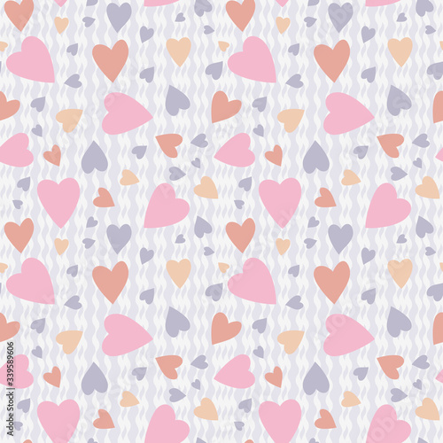 Love hearts on lilac textured background. Pattern for fabric, wrapping, textile, wallpaper, apparel. Vector illustration