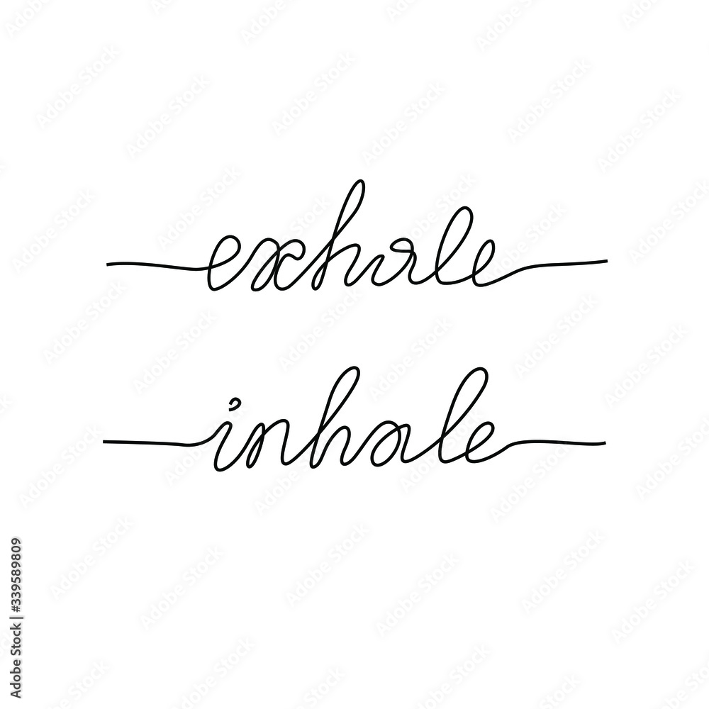 Inhale, exhale inscription, continuous line drawing, hand lettering, print for clothes, t-shirt, emblem or logo design, one single line on a white background. Isolated vector illustration.