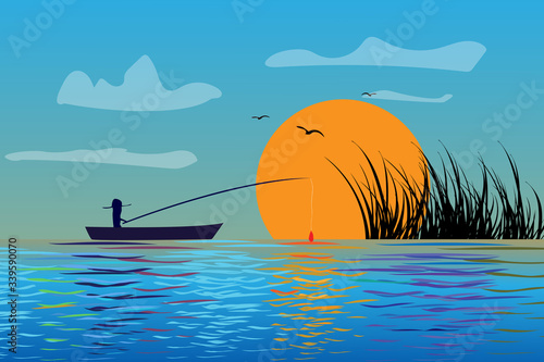 Fishing at sunset. A man catches fish while sitting in a boat against the setting sun. Beautiful seascape with soaring birds.