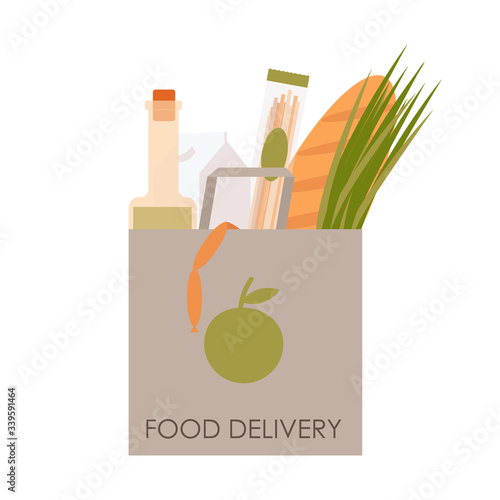 Paper bag with groceries. Home delivery food. Order products online home. Flat illustration isolated on a white background.