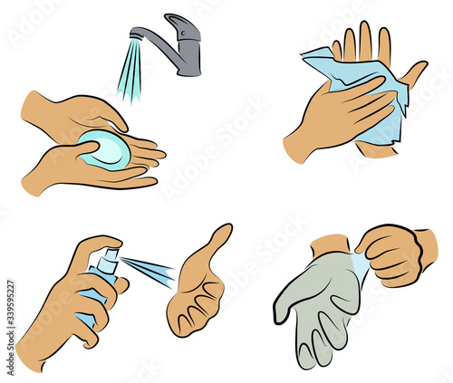 Collection of hygiene procedures. Wash your hands with soap under the tap, wipe with a napkin, treat with an antiseptic, wear rubber gloves. Vector illustration of a set